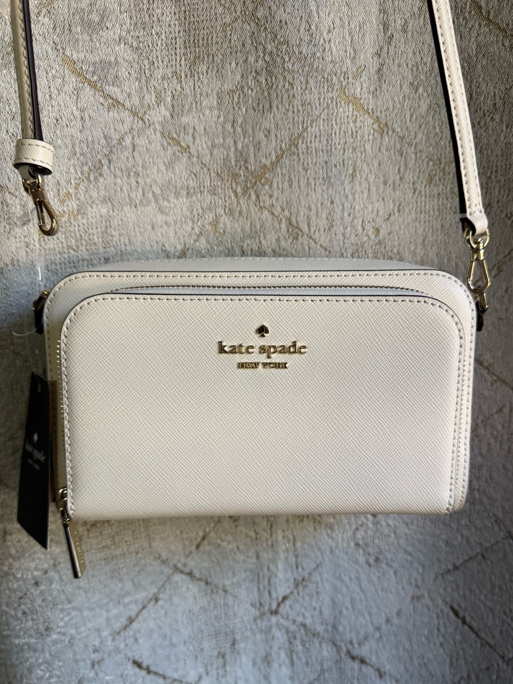 kate spade Cream Saffiano Crossbody Wallet with Gold Logo